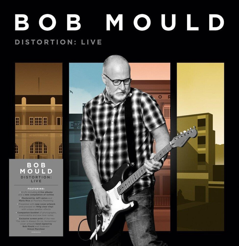 the album cover for Bob Mould - Distortion: Live [Indie Exclusive Limited Edition Signed 140-Gram Clear Splatter 8LP Box Set]
