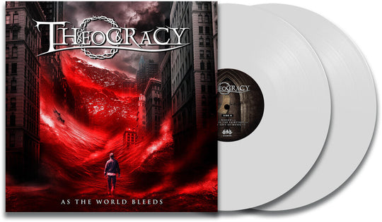 the album cover for Theocracy - As the World Bleeds (White/Black Marble + Blood Red Vinyl)