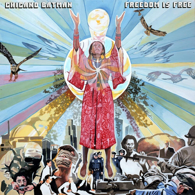 the album cover for Chicano Batman - Freedom Is Free [Limited Edition Pink & Blue Splatter LP]