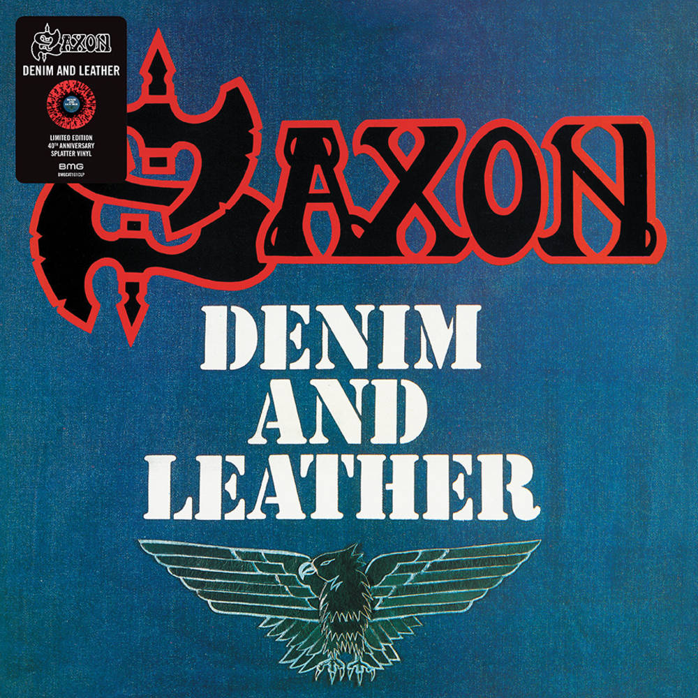 the album cover for Saxon - Denim And Leather [Indie Exclusive Limited Edition Red & Black Splatter LP]