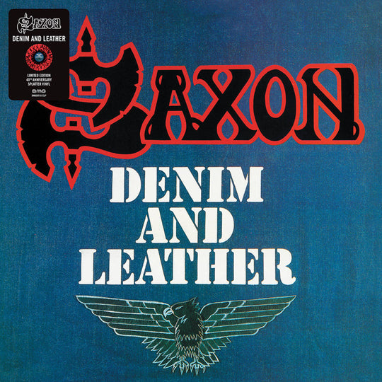 the album cover for Saxon - Denim And Leather [Indie Exclusive Limited Edition Red & Black Splatter LP]