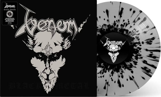 the album cover for Venom - Black Metal [RSD Essential Indie Colorway Silver & Black Splatter LP]