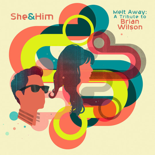 the album cover for She & Him - Melt Away: A Tribute to Brian Wilson [Indie Exclusive Limited Edition Lemonade Translucent LP]
