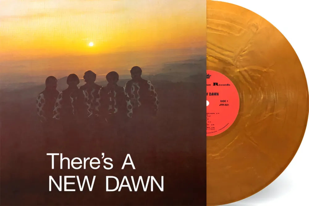 the album cover for The New Dawn - There's A New Dawn [RSD Essential Indie Colorway Orange Metallic Swirl LP]