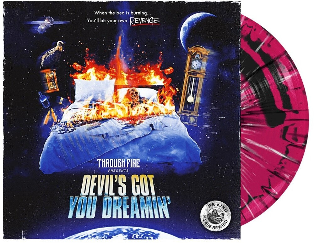 the album cover for Through Fire - Devil's Got You Dreamin' [Indie Exclusive Limited Edition Neon Magenta/Black & White Splatter LP]