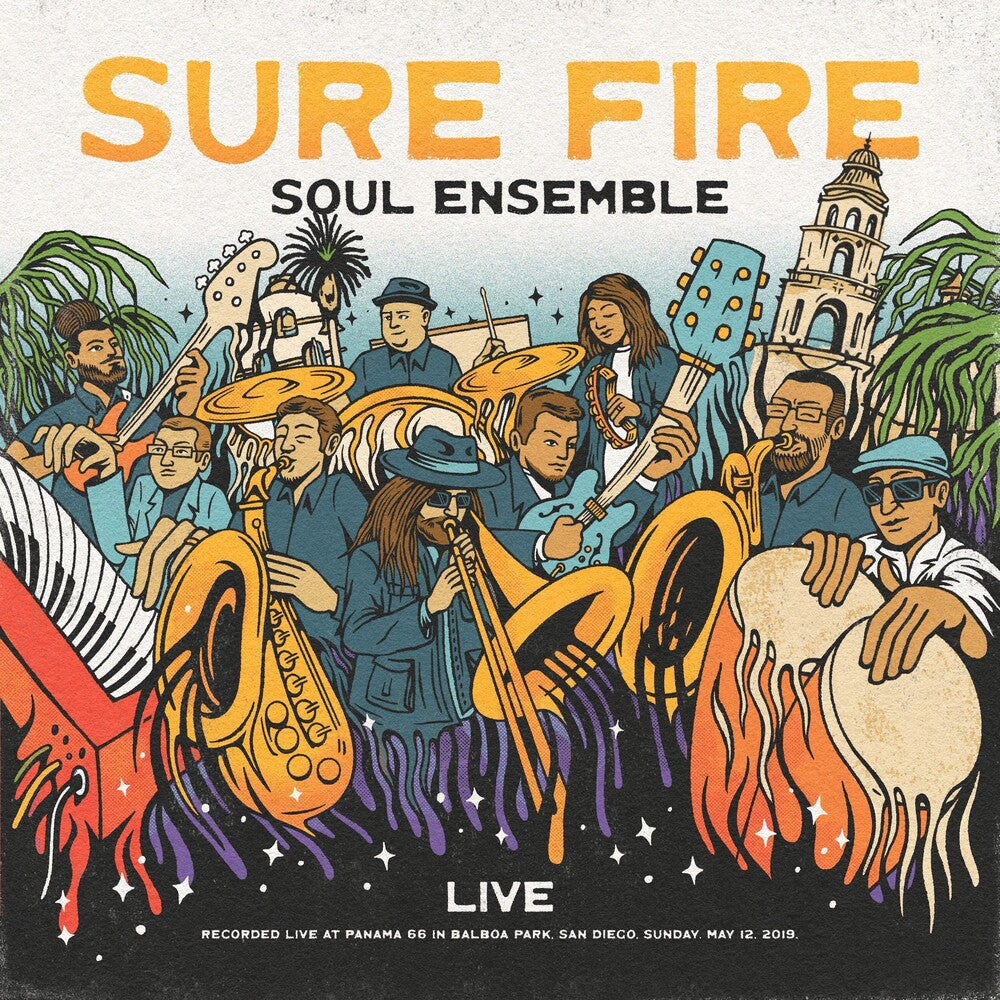 the album cover for Sure Fire Soul Ensemble - Live At Panama 66 - Clear W/Orange Swirl [Clear Vinyl]
