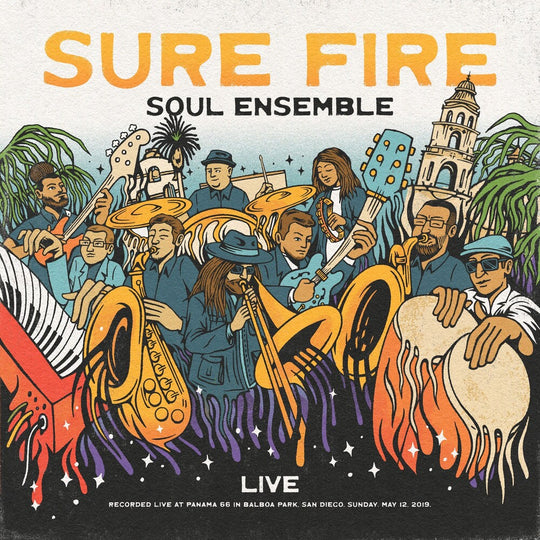 the album cover for Sure Fire Soul Ensemble - Live At Panama 66 - Clear W/Orange Swirl [Clear Vinyl]