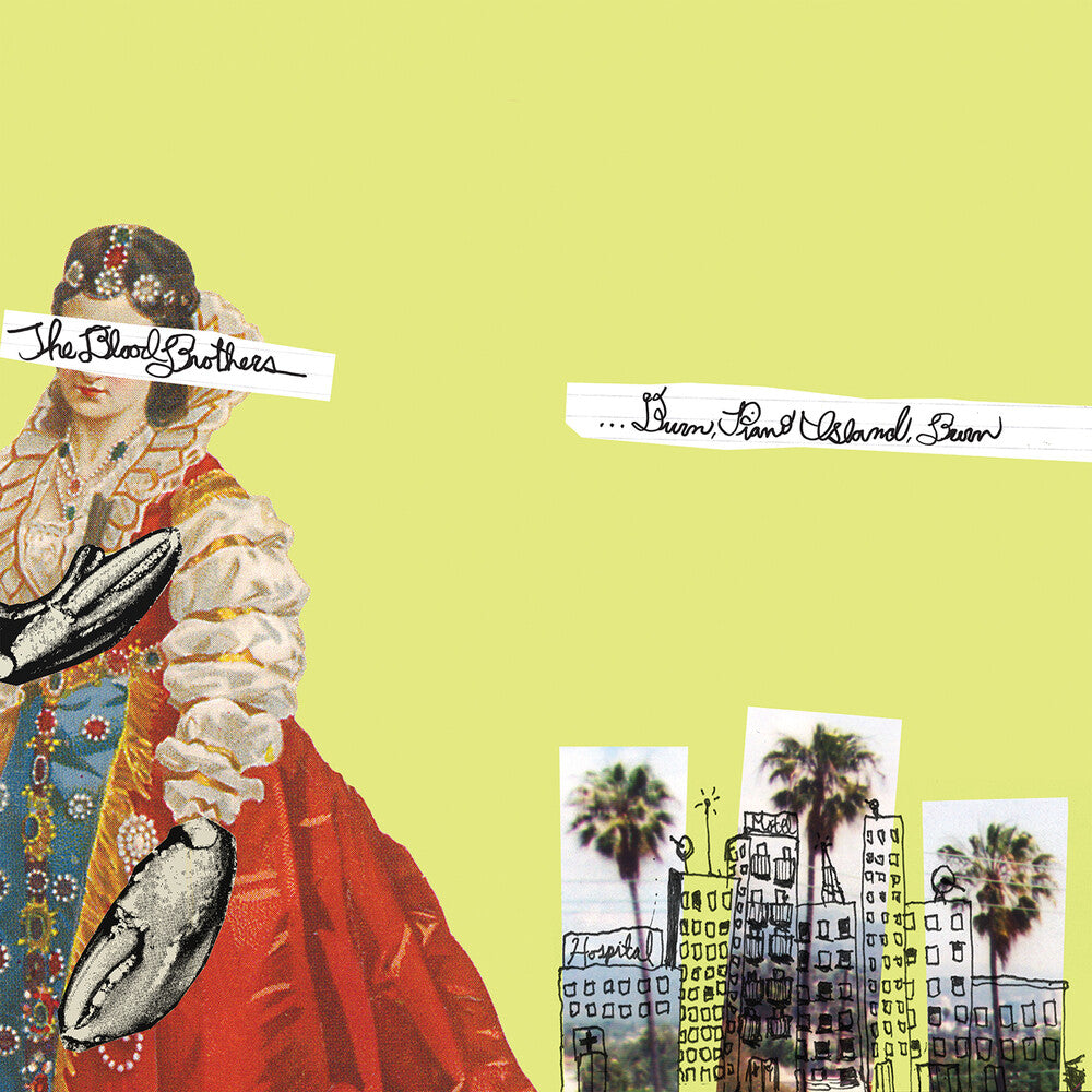 the album cover for Blood Brothers - Burn, Piano Island, Burn: Collectors Edition [Limited Edition Yellow w/Pink and Black Splatter LP+7in]
