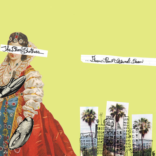 the album cover for Blood Brothers - Burn, Piano Island, Burn: Collectors Edition [Limited Edition Yellow w/Pink and Black Splatter LP+7in]