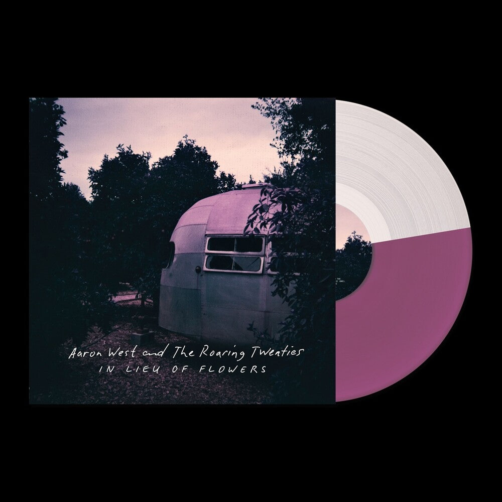 the album cover for Aaron West  & The Roaring Twenties - In Lieu Of Flowers - Purple & Clear Split [Colored Vinyl]