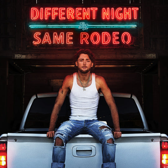 the album cover for Bailey Zimmerman - Different Night Same Rodeo  (Cola Bottle Clear Vinyl 2LP)