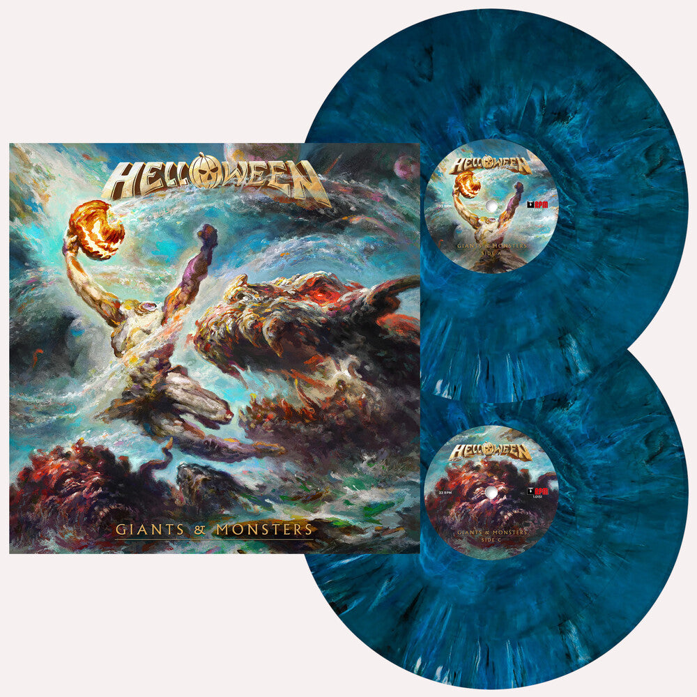 the album cover for Helloween - GIANTS &amp; MONSTERS [Deep Ocean Blue Marbled 2LP, Pumpkin Etching on D-Side, 12-page booklet]