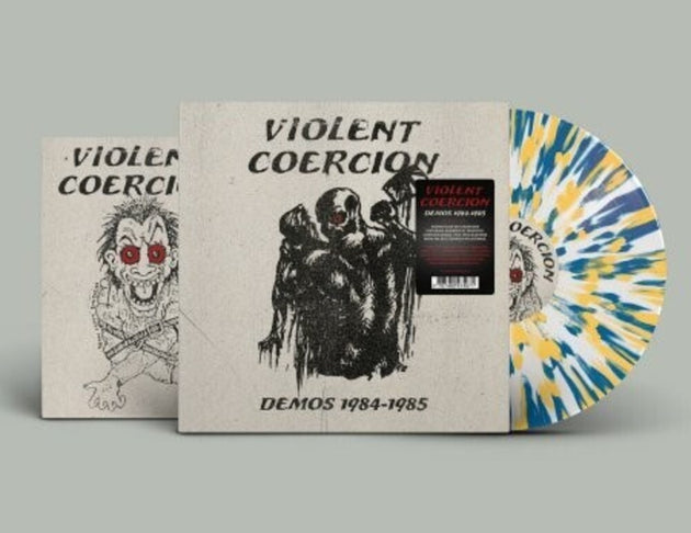 the album cover for Violent Coercion - Demos 1984-1985 - Limited 'Die Hard' Edition White, Yellow & Blue Splatter Colored Vinyl