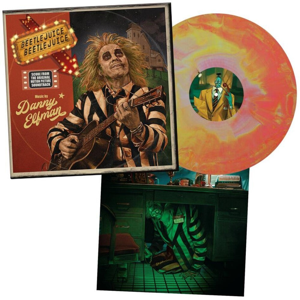 the album cover for Danny Elfman - Beetlejuice Beetlejuice (Original Soundtrack) - Limited Australian Exclusive Pink & Yellow Colored Vinyl