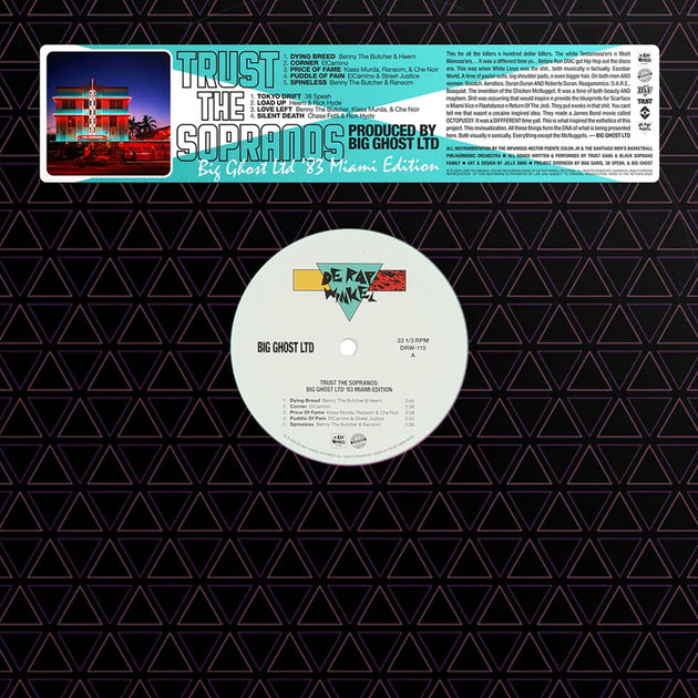 the album cover for 38 Spesh &amp; Benny The Butcher  - Trust The Sopranos: Big Ghost Ltd '83 Miami Edition [Turquoise vinyl]
