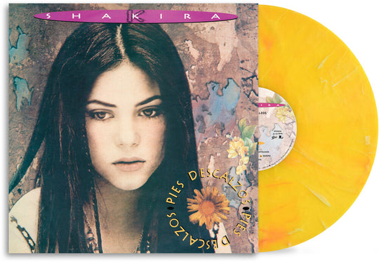 the album cover for Shakira - Pies Descalzos [yellow with red swirl marble colored vinyl]