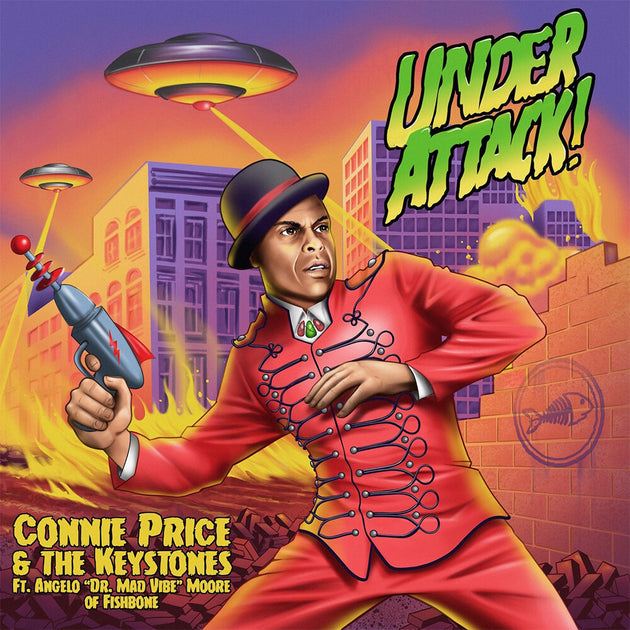 the album cover for Connie Price & The Keystones ft. Angelo Moore of Fishbone - Under Attack! b/w Under Attack! (Professor Shorthair Remix) [Purple & Green Splatter]
